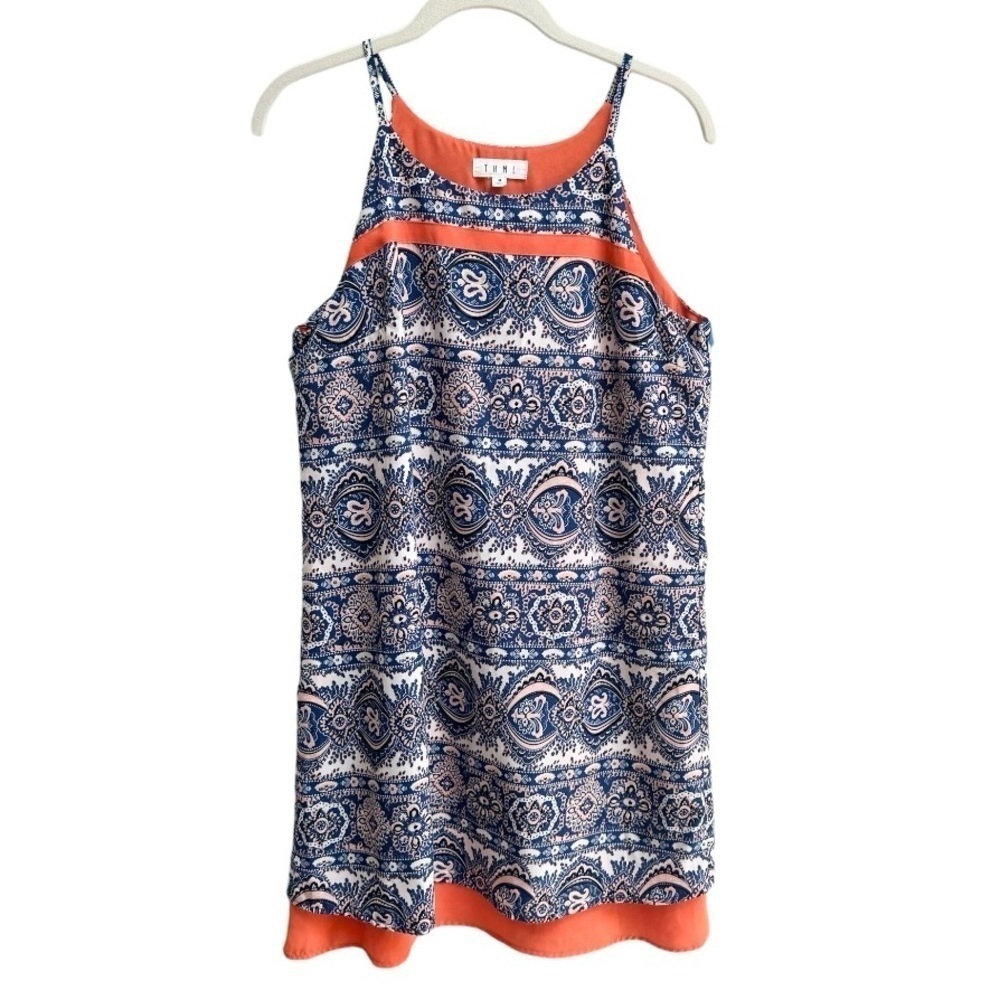 Anthropologie TMHL Luceea Blue Coral Orange Print Sleeveless Shift Mini Dress M